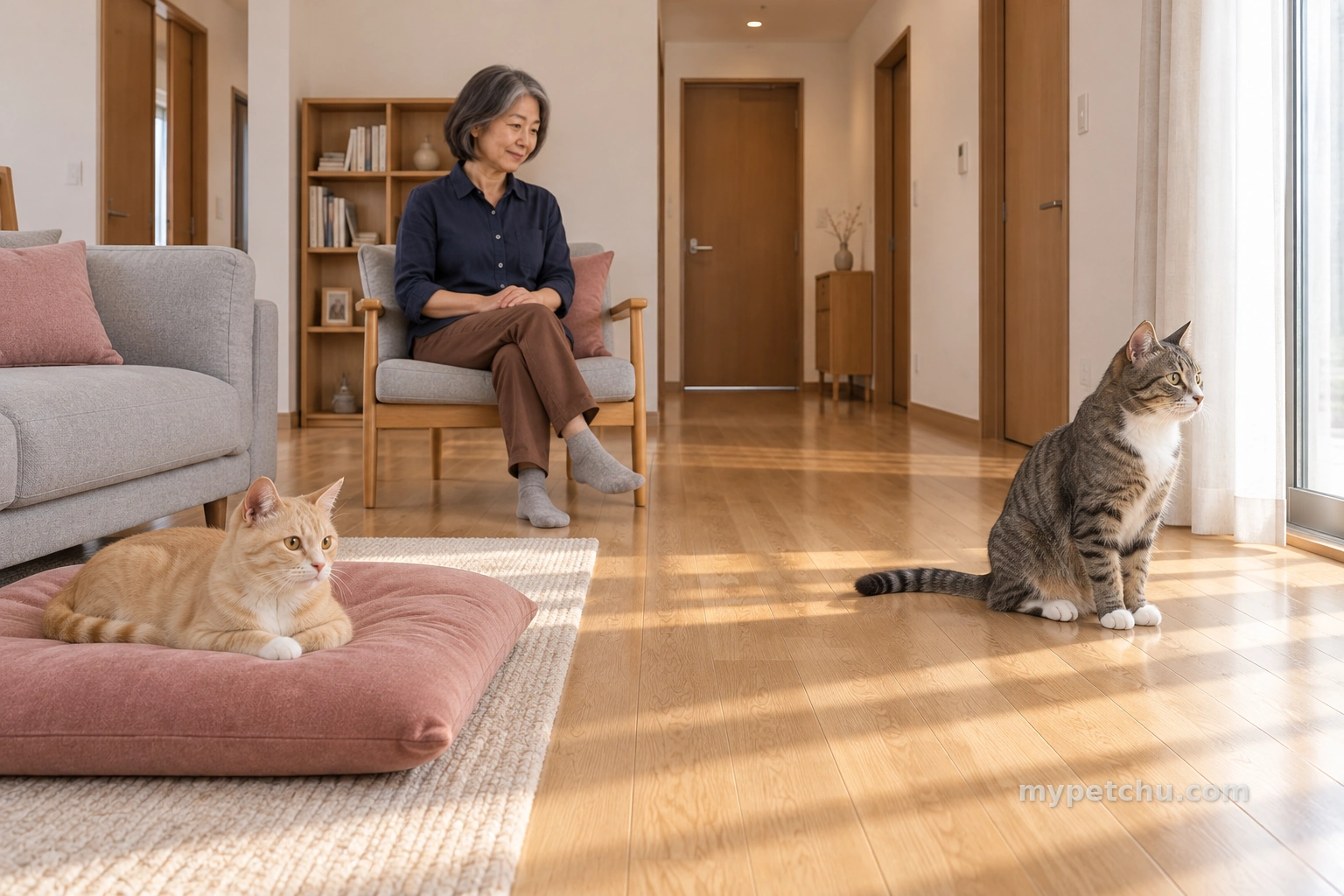 보호자가 살피는 거실 양쪽에서 쉬는 두 고양이
