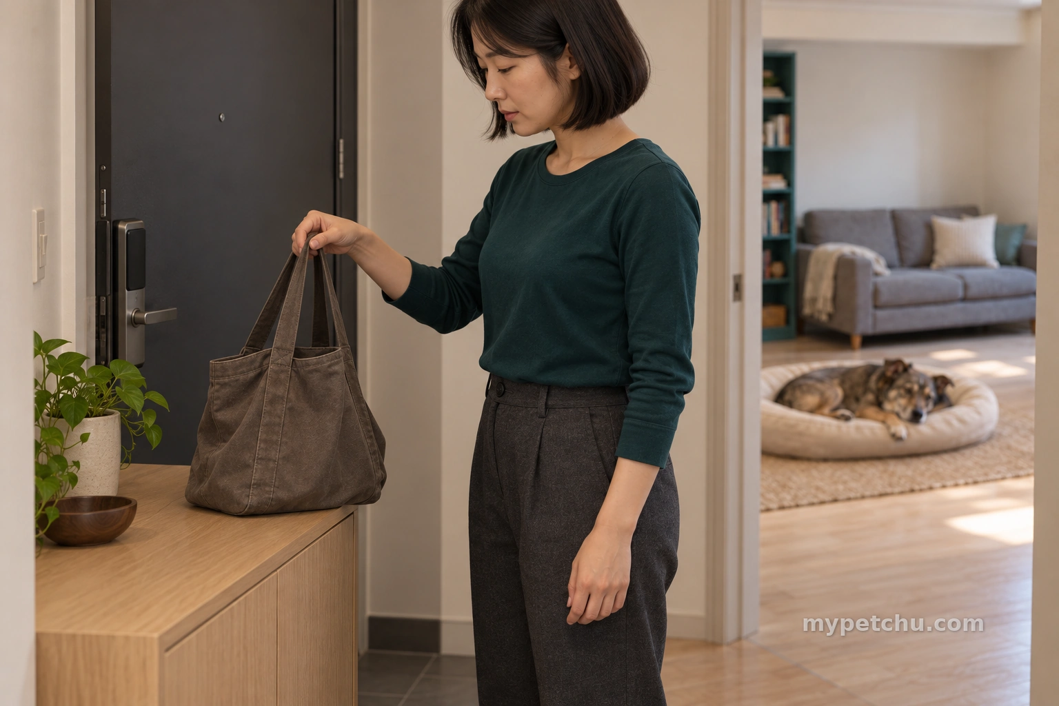닫힌 현관 옆에서 가방 손잡이를 들어 보는 보호자