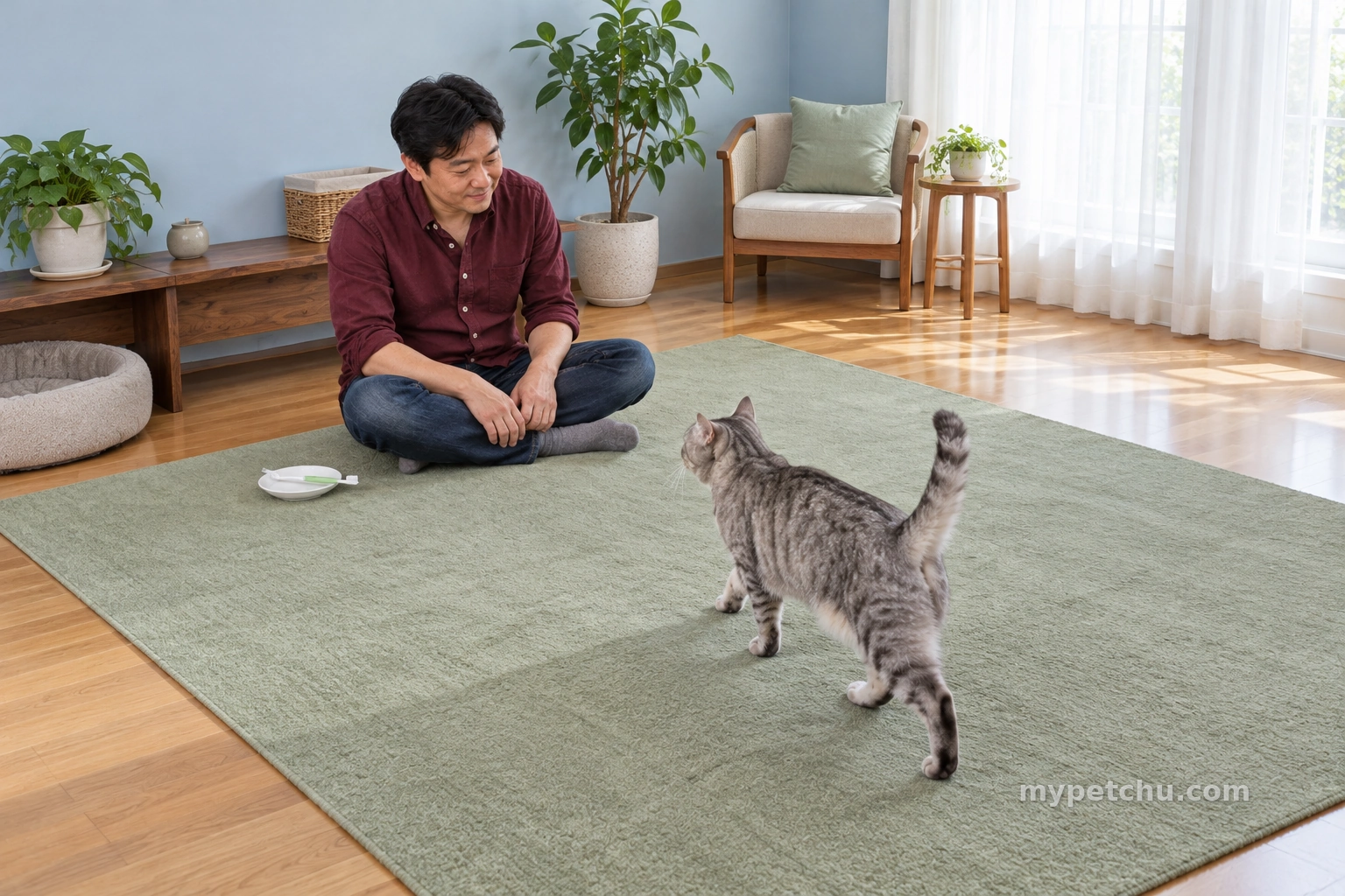 매트에 앉은 보호자와 준비된 도구로 다가오는 고양이