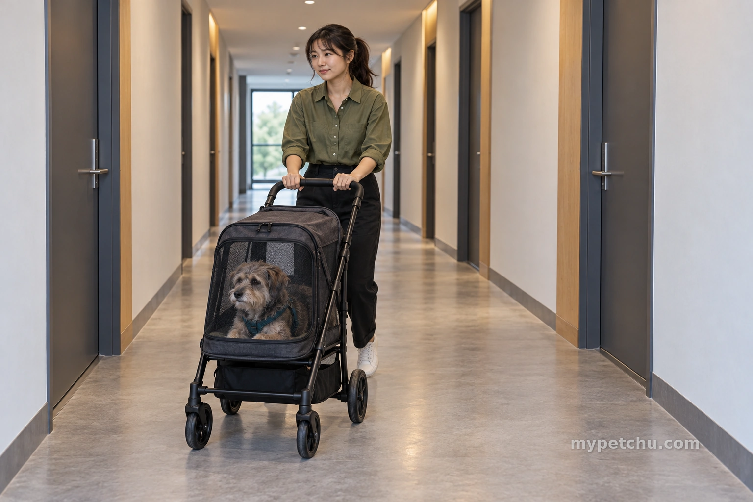 강아지가 든 닫힌 유모차를 밀며 숙소 복도를 걷는 보호자
