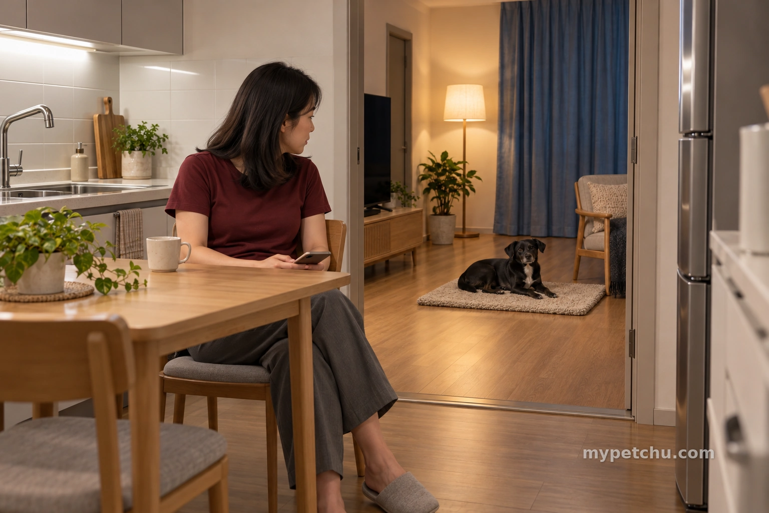 안쪽 방을 바라보며 전화기를 든 보호자