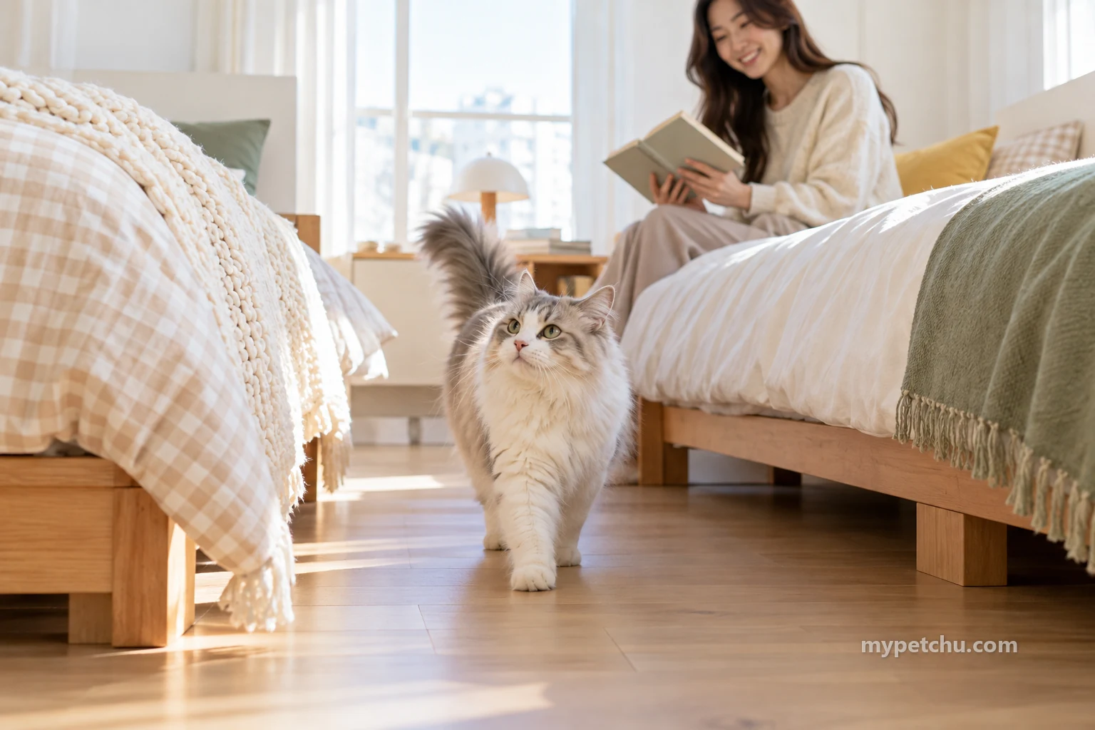 침대 사이 바닥을 걷는 고양이