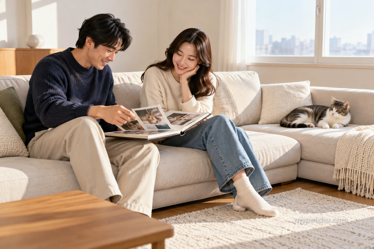 소파에서 사진을 보는 두 사람과 떨어져 있는 고양이