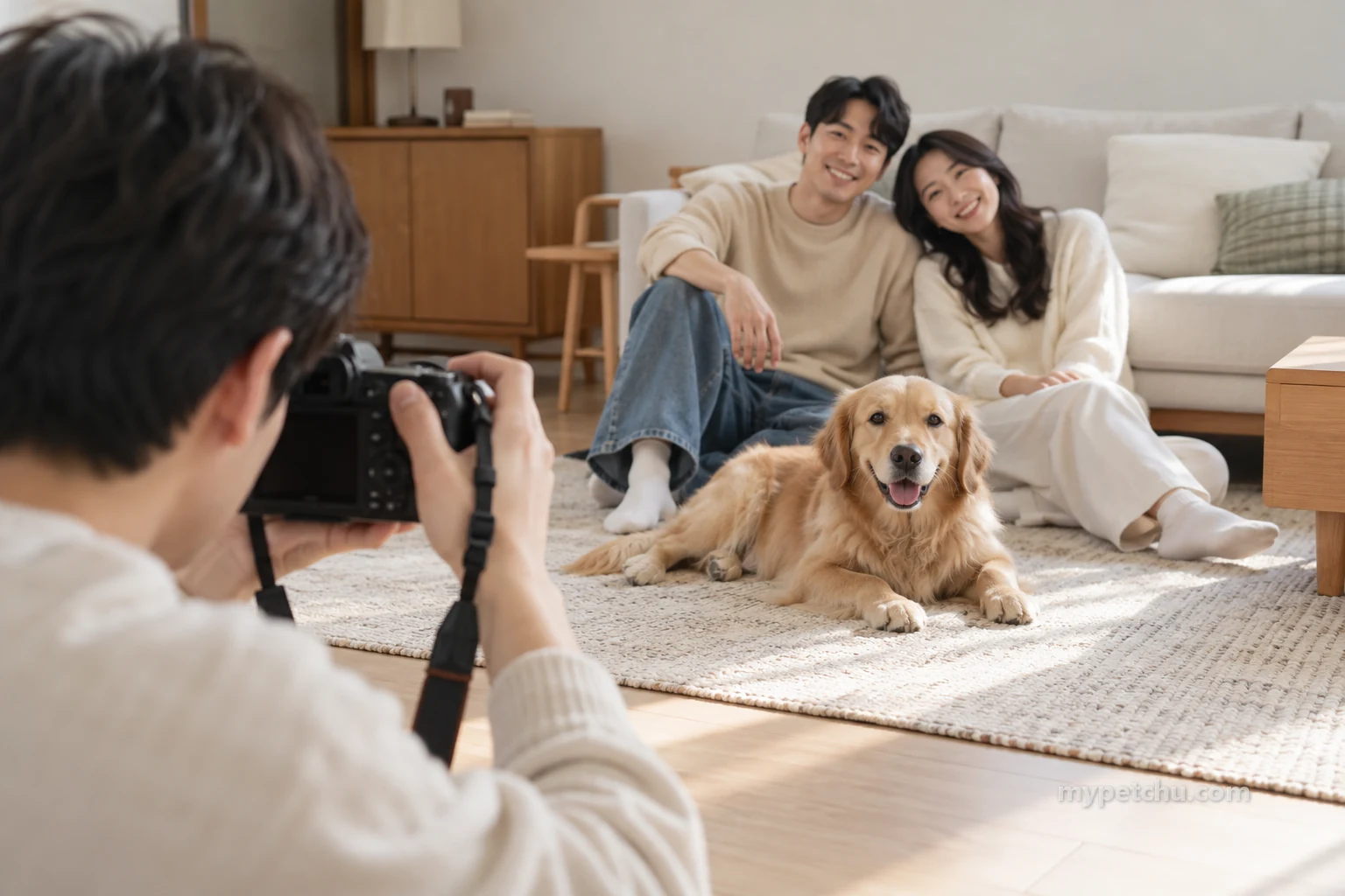 바닥에 누운 강아지와 가족을 촬영하는 사람
