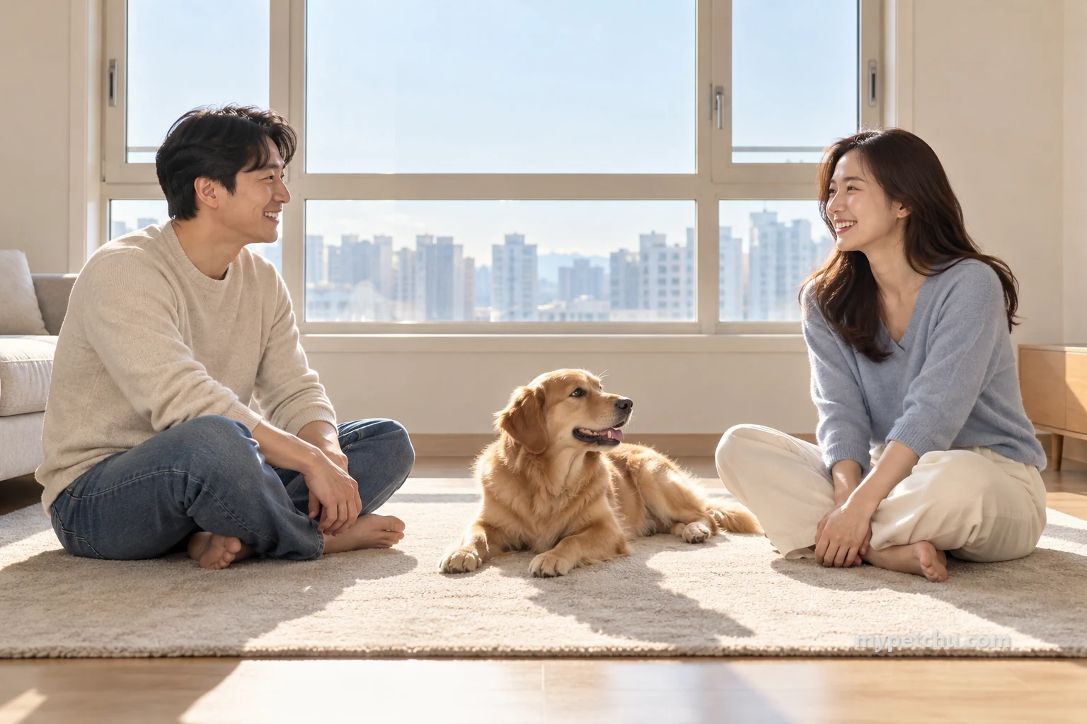 바닥에 앉은 두 사람과 곁에 누운 강아지