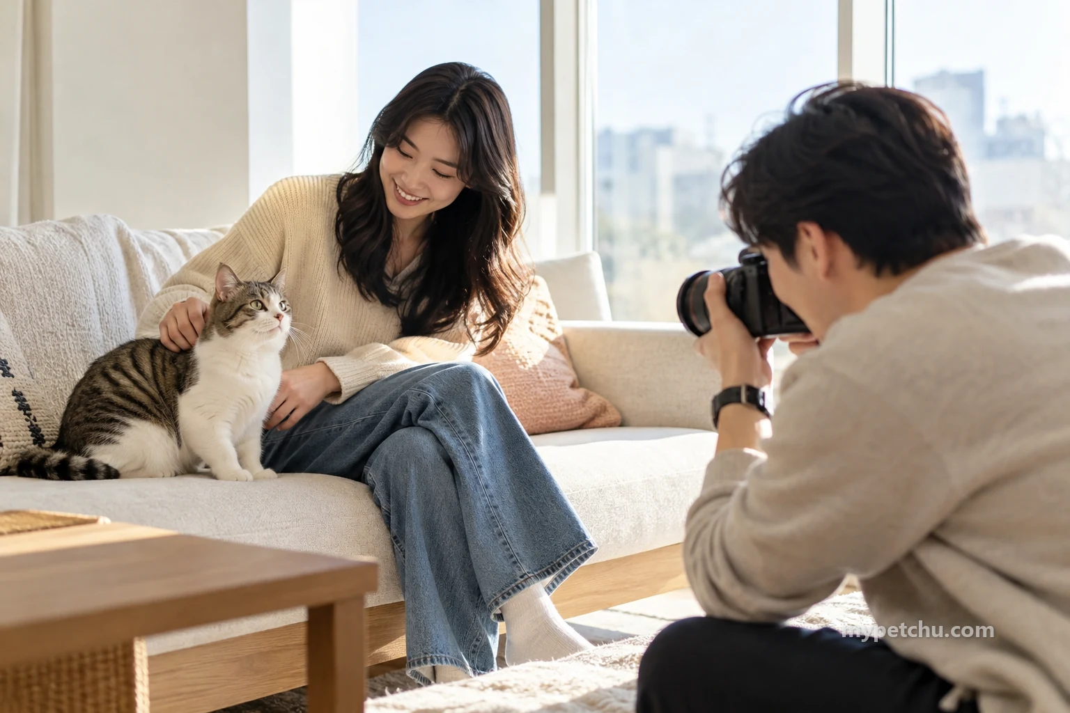 고양이 곁에 앉은 사람과 카메라를 든 촬영자