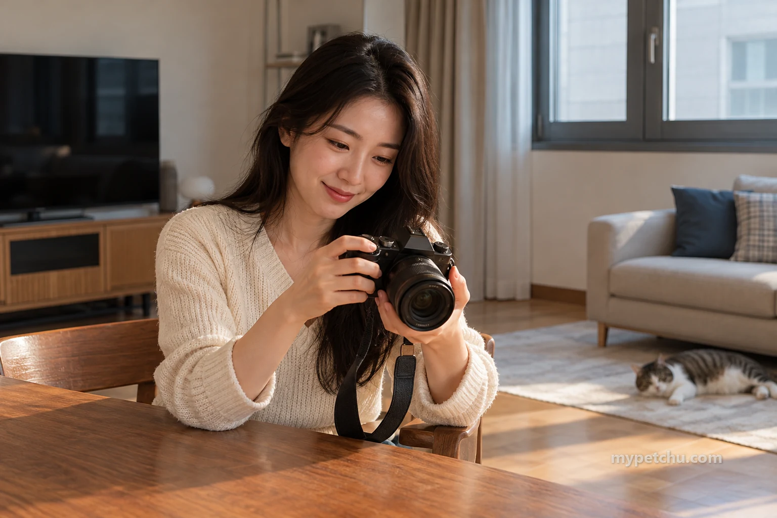 탁자에서 카메라를 살피는 사람과 멀리 쉬는 고양이