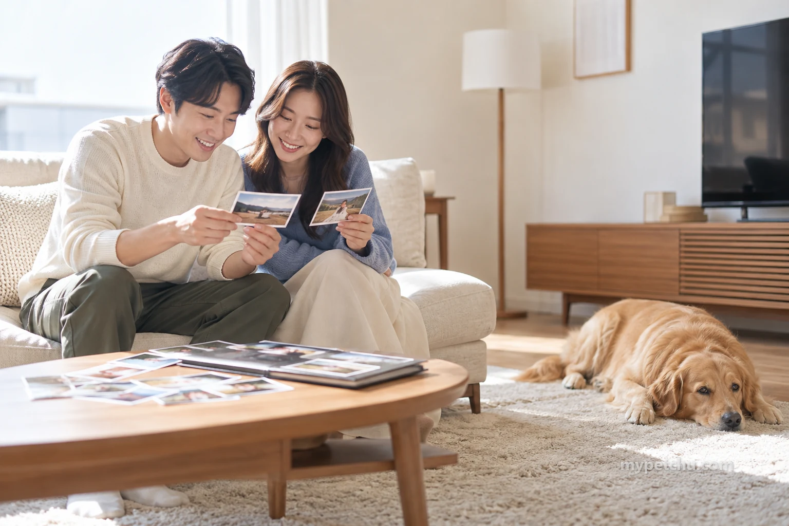 사진을 살피는 두 사람과 떨어져 누운 강아지