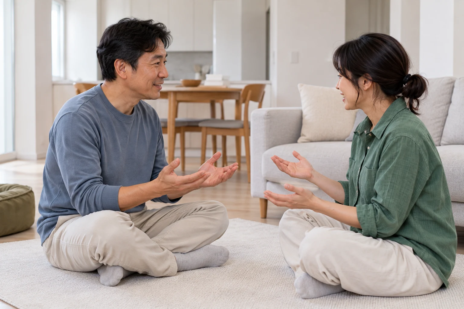 거실 바닥에 마주 앉아 손 방향을 맞추는 두 가족