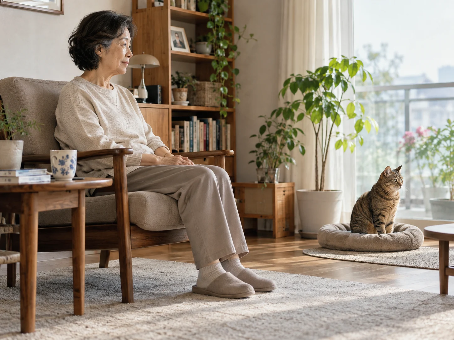 의자에 손을 쉬고 앉은 노년 가족과 떨어진 방석의 고양이