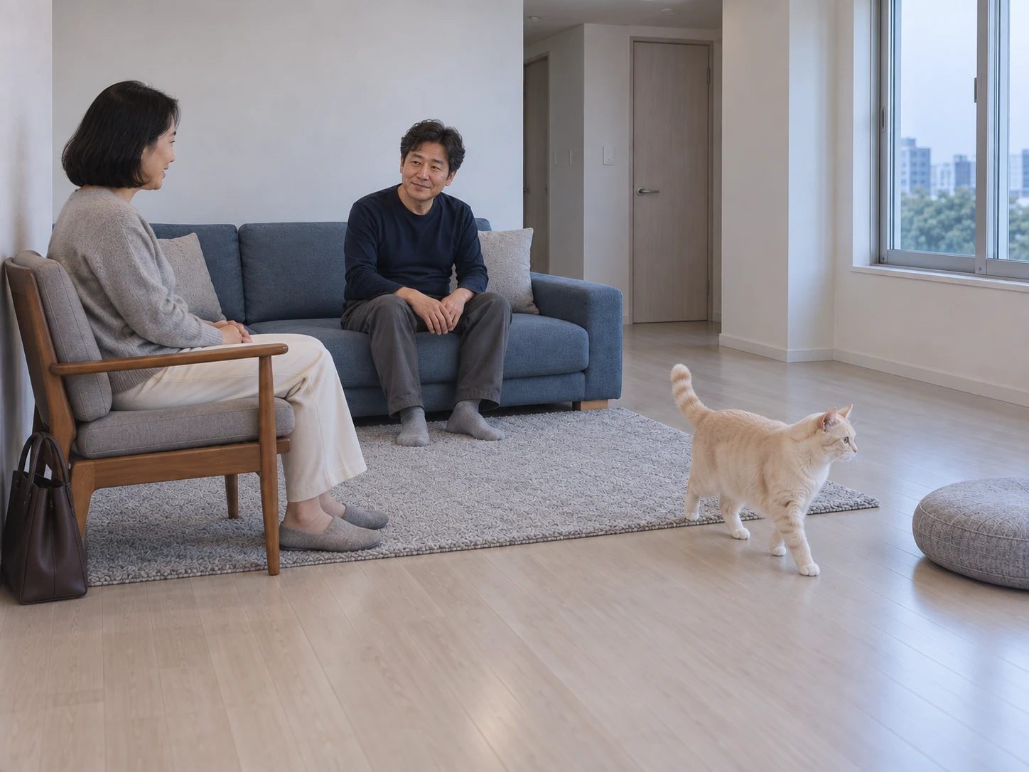 안락의자의 손님과 보호자, 빈 바닥을 걷는 고양이