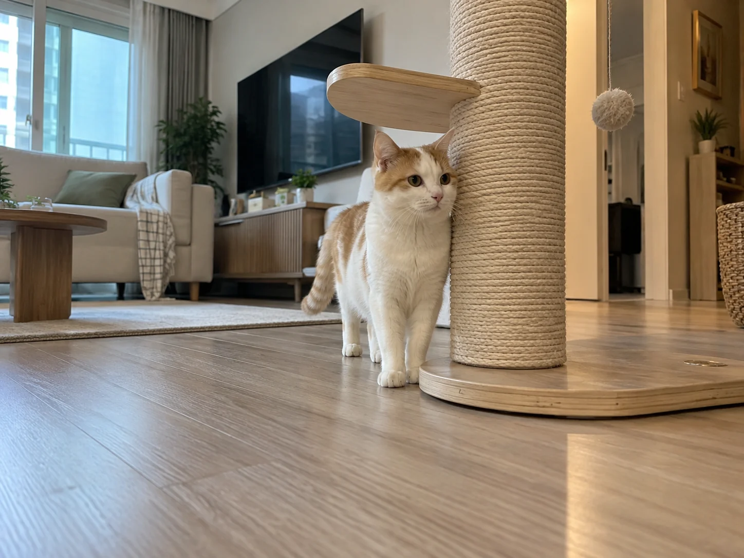 앞쪽 바닥이 비어 있는 기둥 스크래처 옆의 고양이