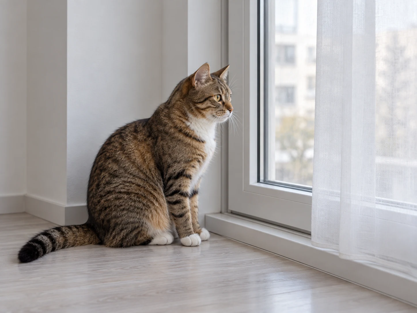 닫힌 창 앞에서 바깥을 보는 고양이