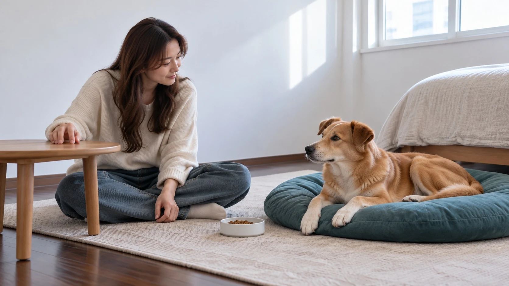 먹이 접시를 곁에 두고 방석의 개를 바라보는 보호자