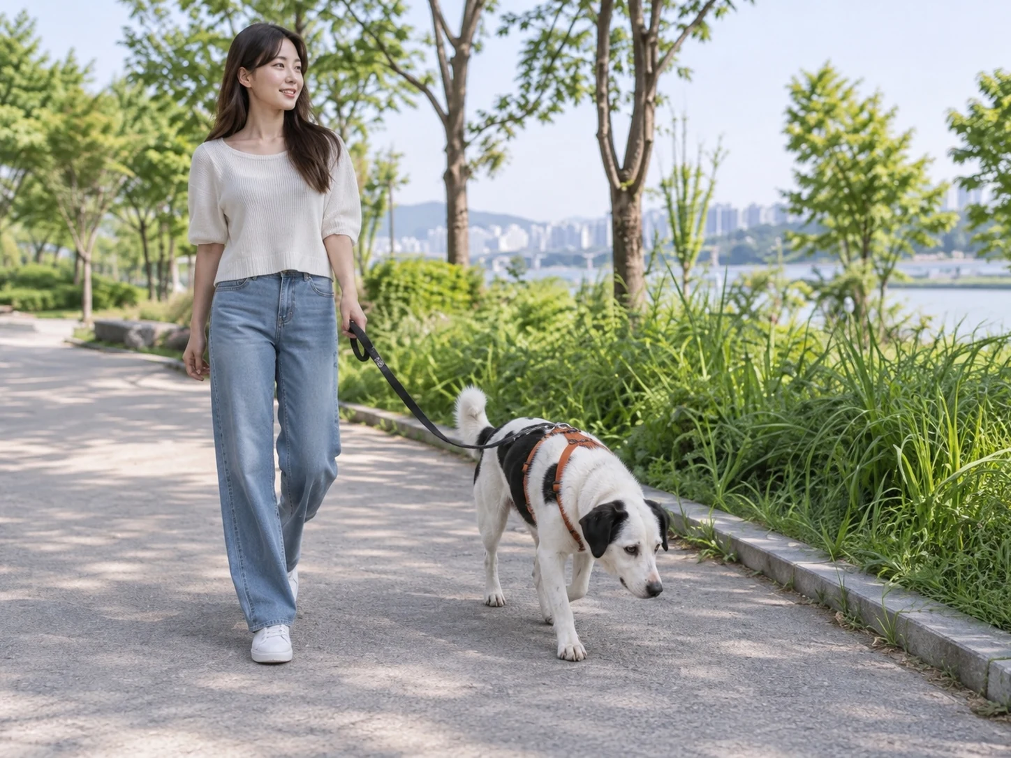 풀숲 옆 넓은 길을 걷는 보호자와 개