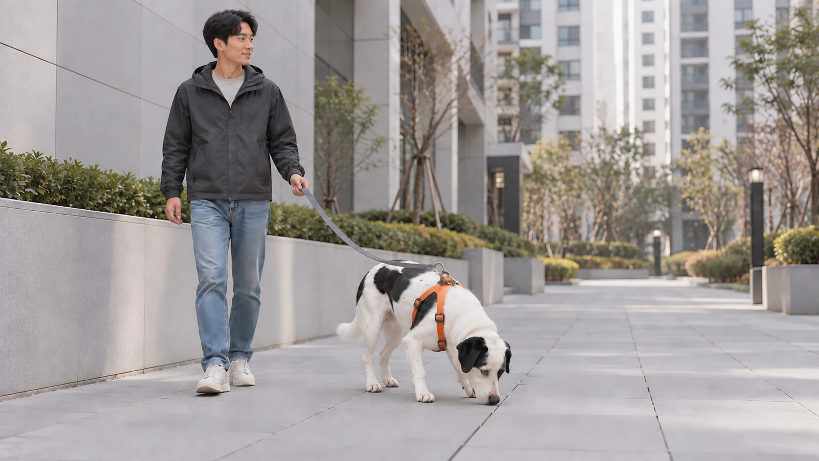 넓은 포장면의 이음새를 살피는 개와 곁에서 길을 보는 보호자