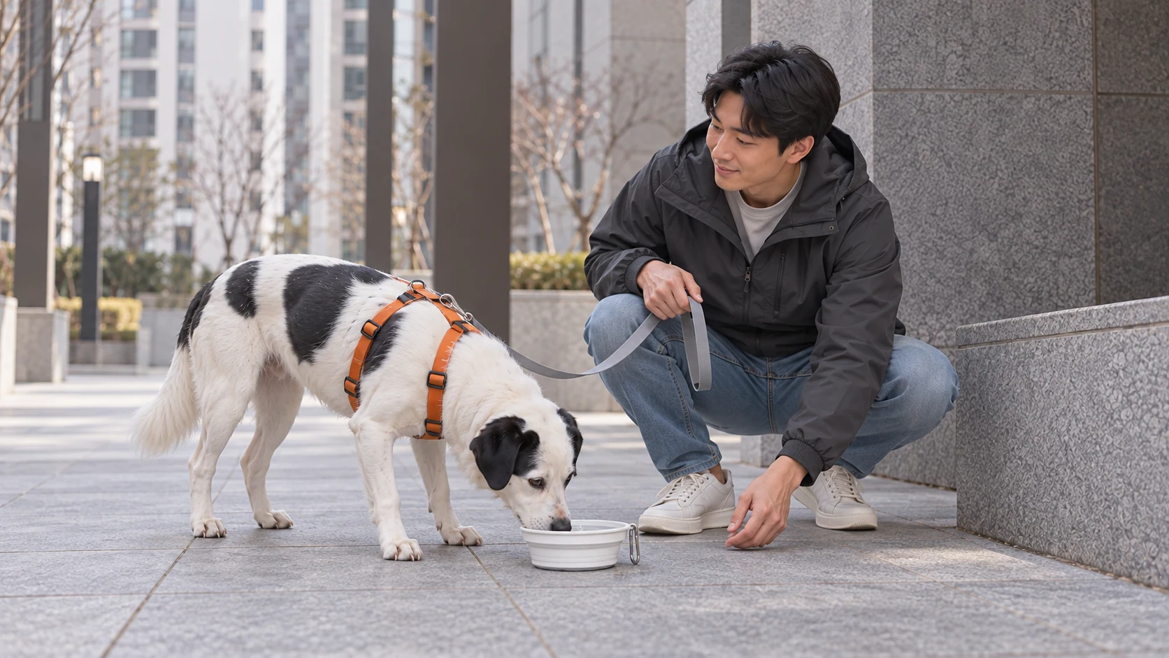 그늘에서 물그릇에 코를 낮춘 개와 곁에 쪼그린 보호자