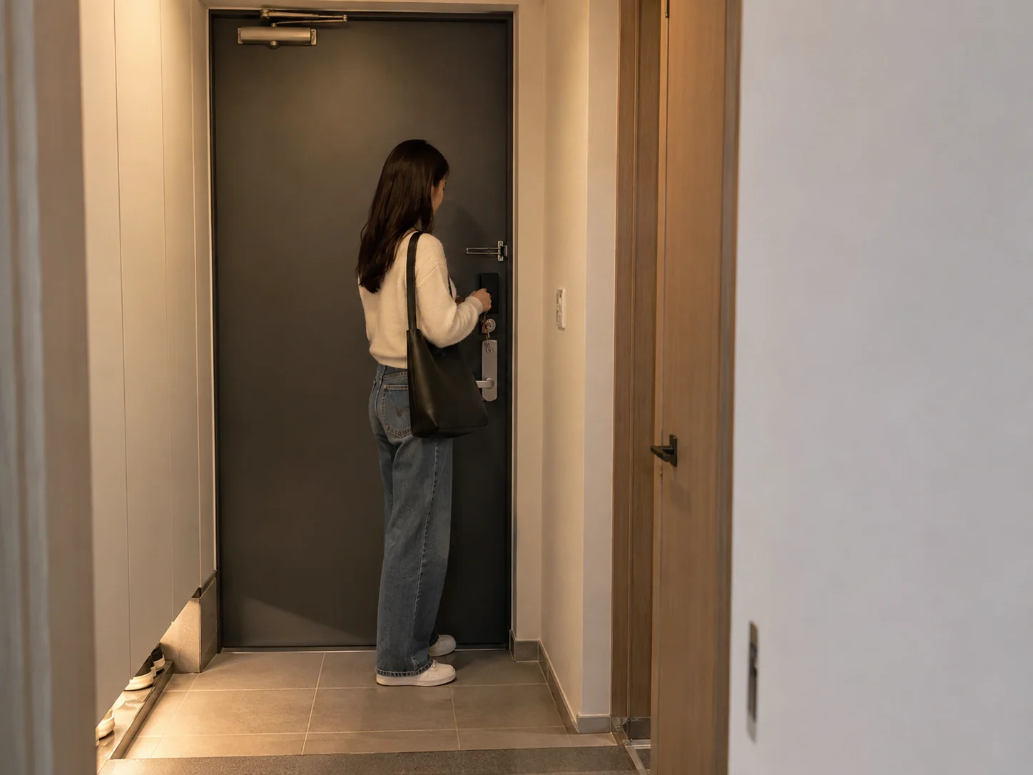 닫힌 현관문 앞에서 열쇠를 든 방문자의 뒷모습