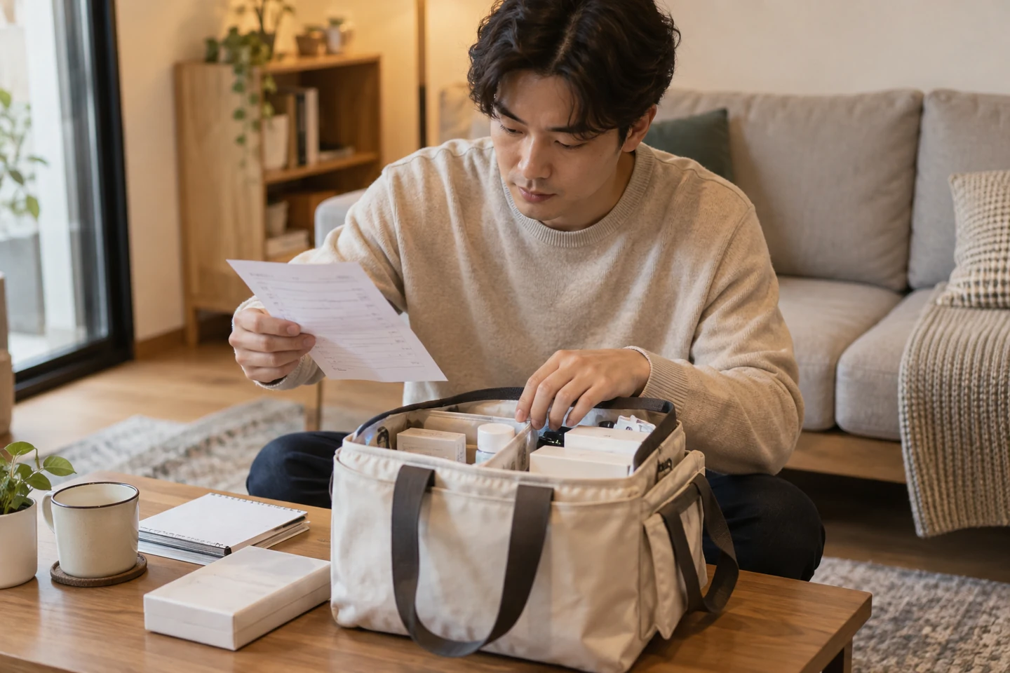 가방 속 물품을 목록과 대조하는 사람