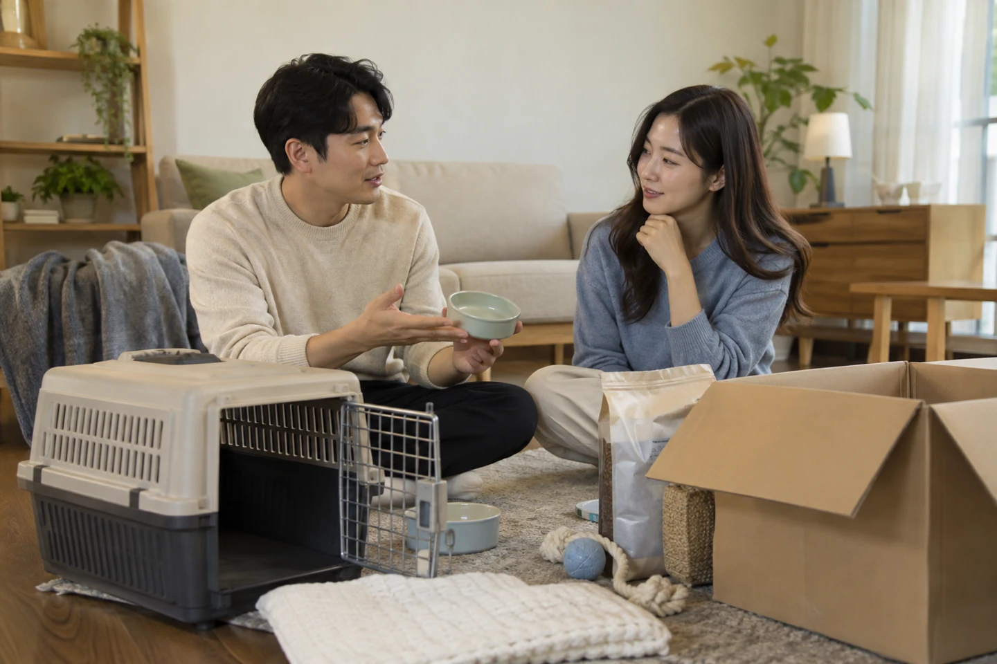 이동장과 물품 앞에서 준비 내용을 나누는 두 사람