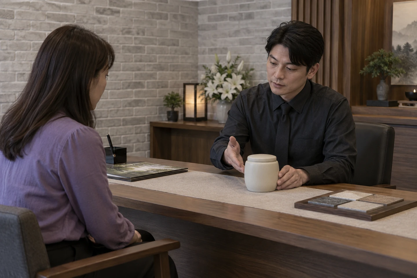 실제 진행 장소를 묻습니다 — 상담 장소와 장례 진행 장소가 같은지, 누가 진행하는지 확인해요. 두 시설 사진은 공간의 역할을 설명한 가상 예시입니다.