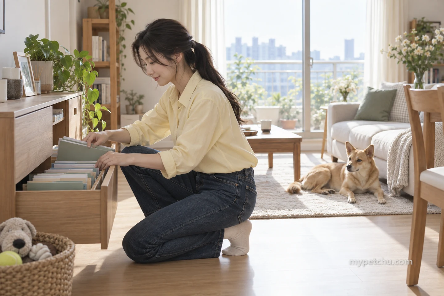 낮은 서랍에서 서류 폴더를 찾는 여성
