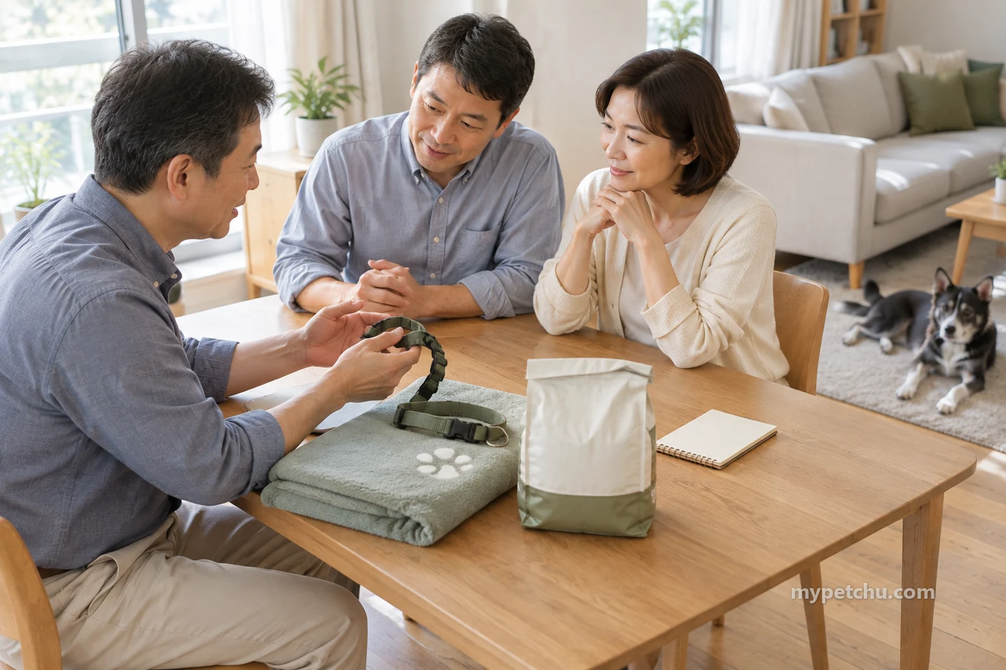 성인 세 명이 담요와 목줄, 포장과 수첩을 두고 이야기하는 모습