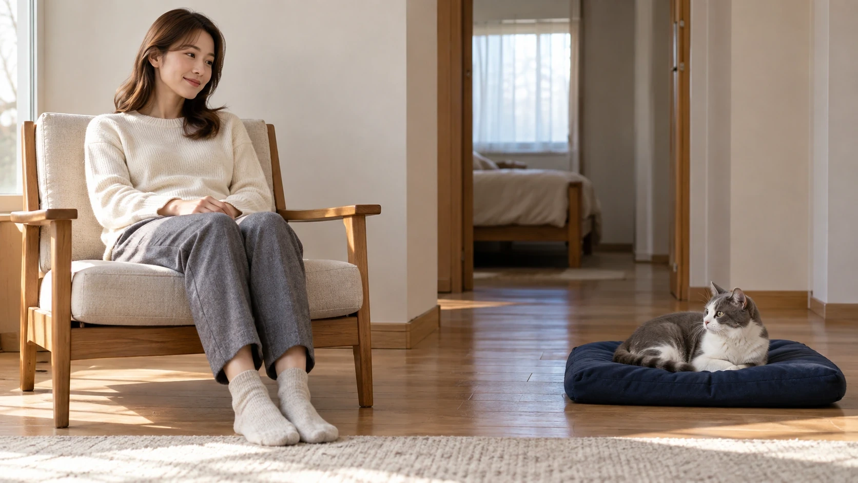 거실 의자에 앉은 성인과 떨어진 남색 방석에서 쉬는 고양이