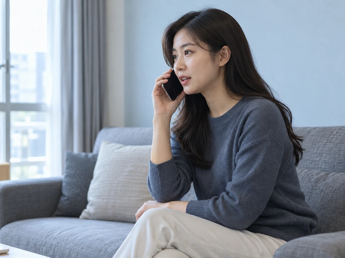 거실 소파에 앉아 휴대전화로 이야기하는 성인