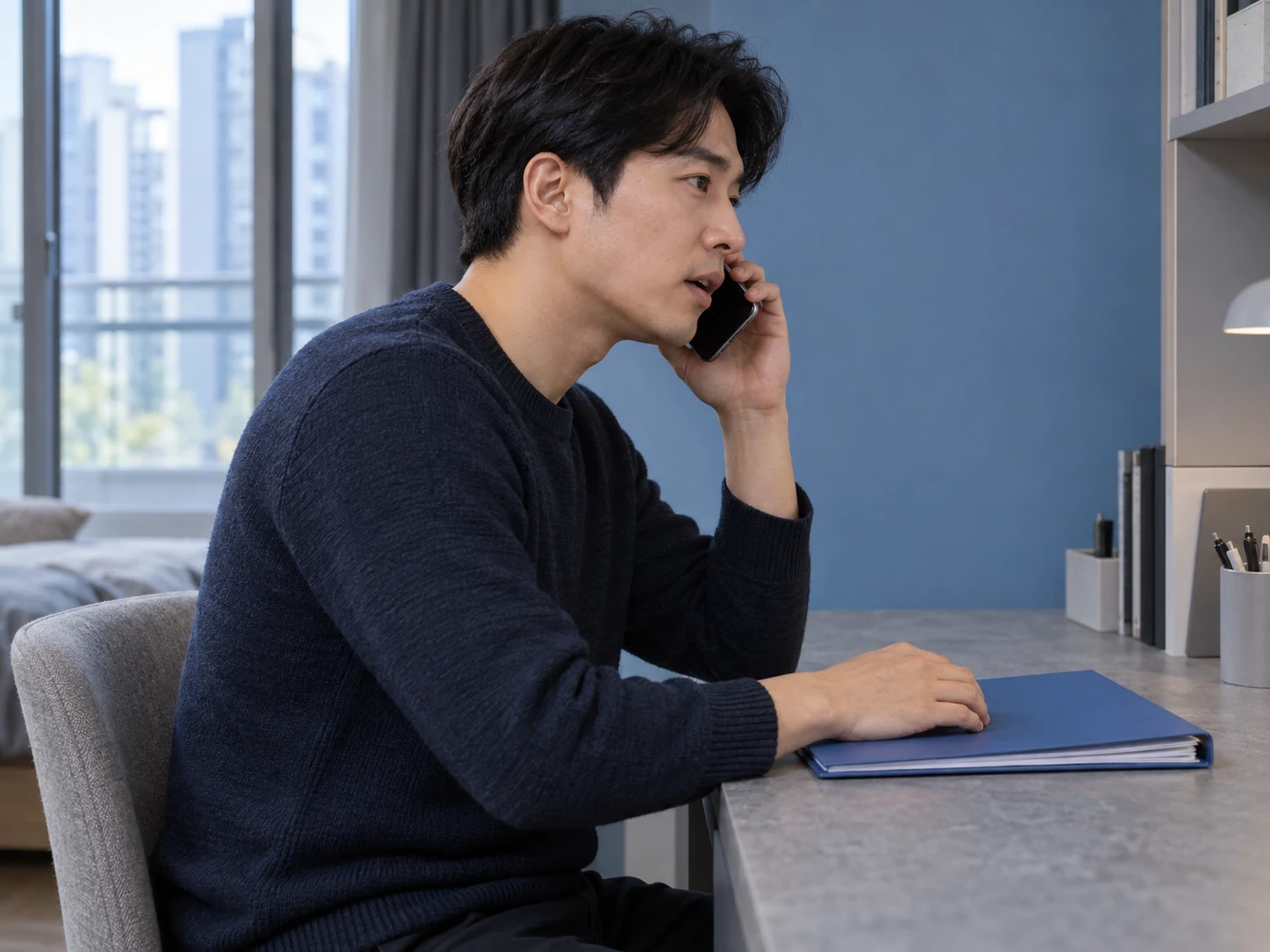 파란 서류철을 곁에 두고 휴대전화로 이야기하는 성인