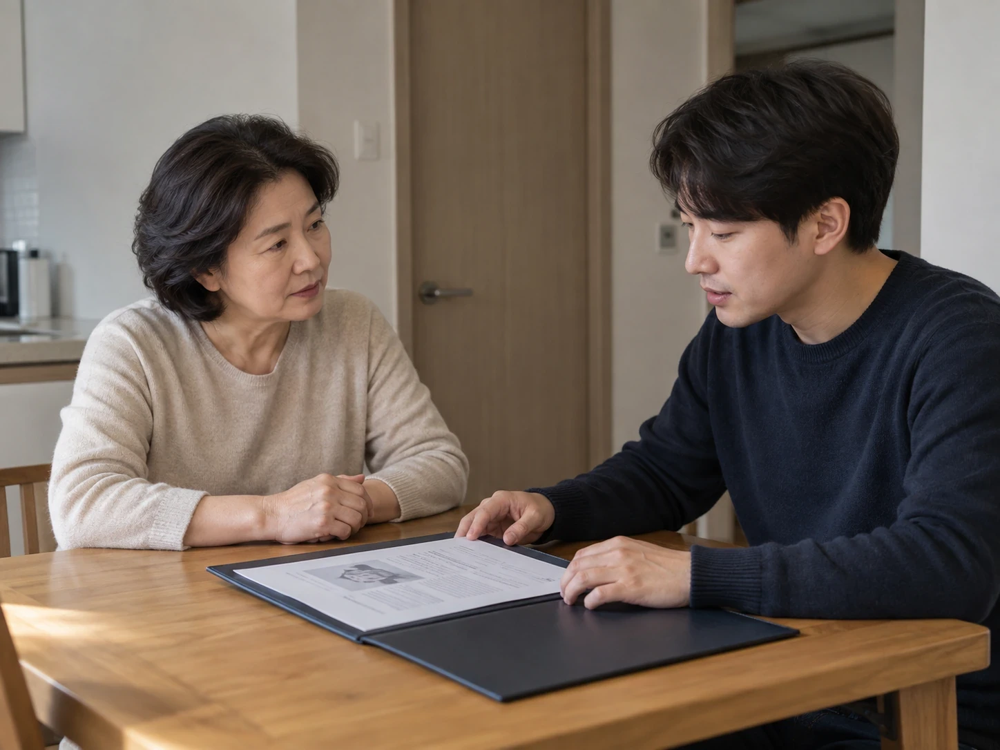 식탁의 서류철을 함께 보며 이야기하는 두 성인