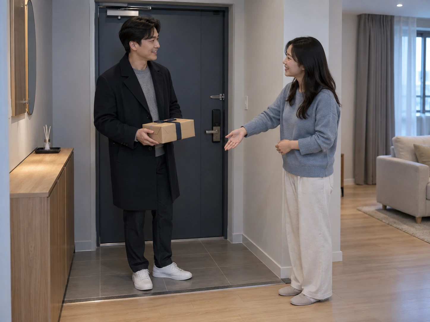 현관에서 선물 상자를 든 방문객과 이야기하는 성인