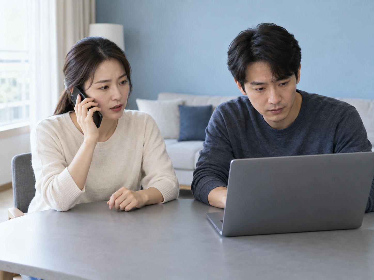 한 사람은 전화하고 다른 사람은 노트북을 살펴보는 두 성인
