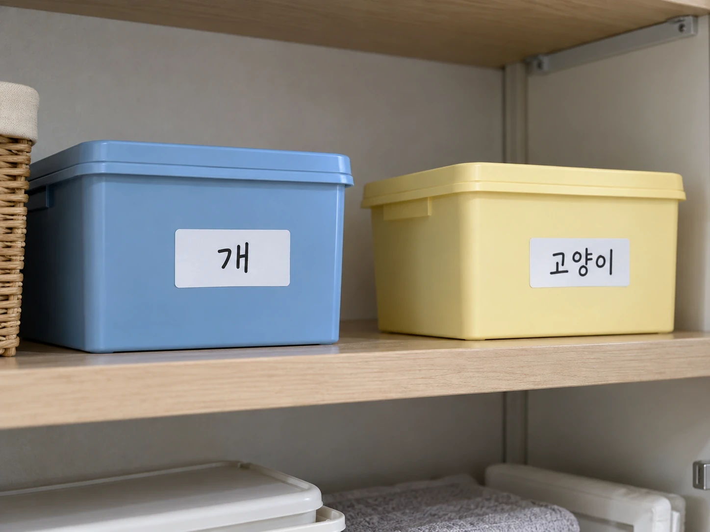 개와 고양이라는 글자가 붙은 서로 다른 보관 상자