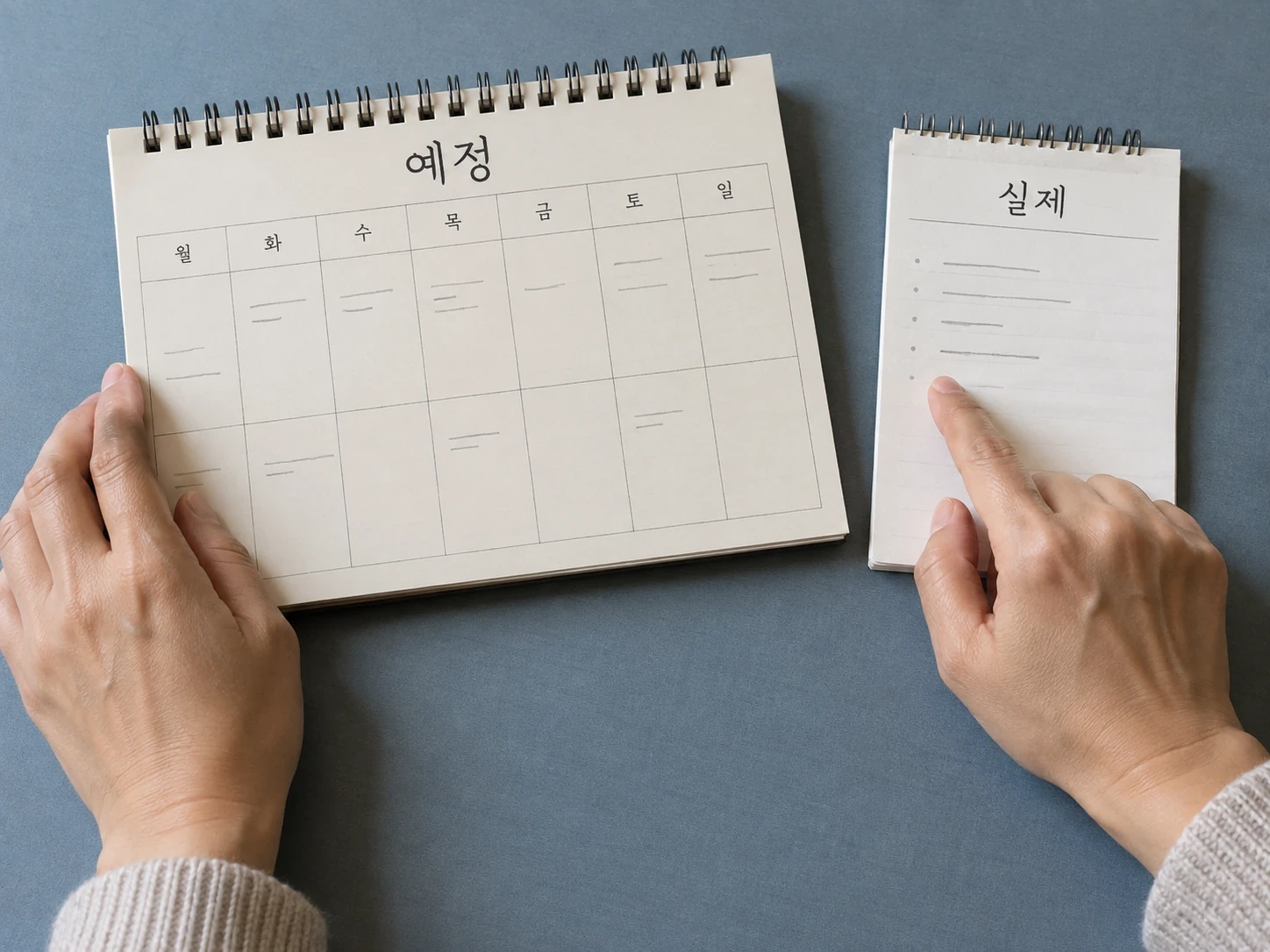 예정이라고 쓴 주간표와 실제라고 쓴 별도 기록장을 보는 손