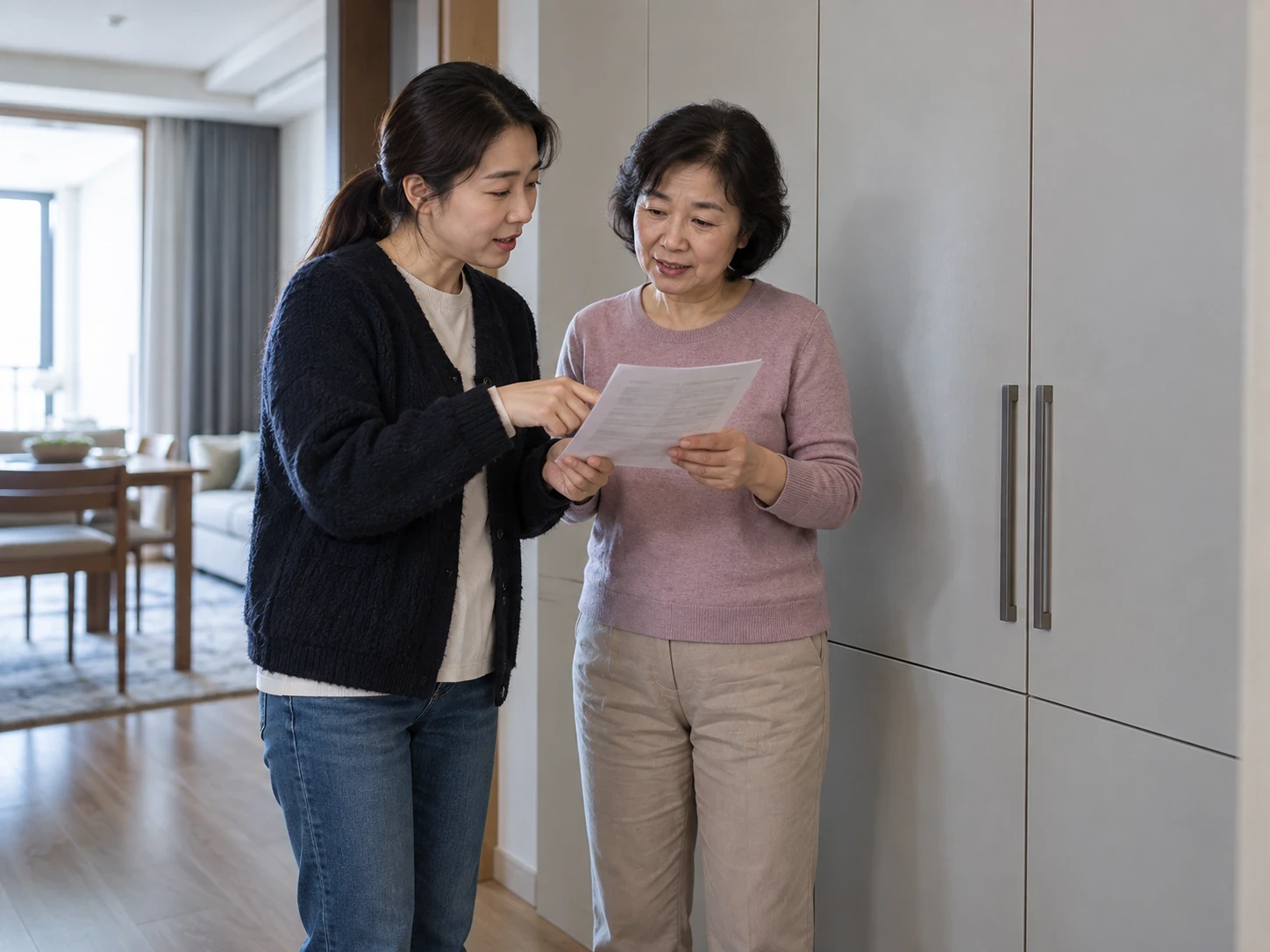 닫힌 수납장 앞에서 같은 안내문을 읽으며 이야기하는 두 성인