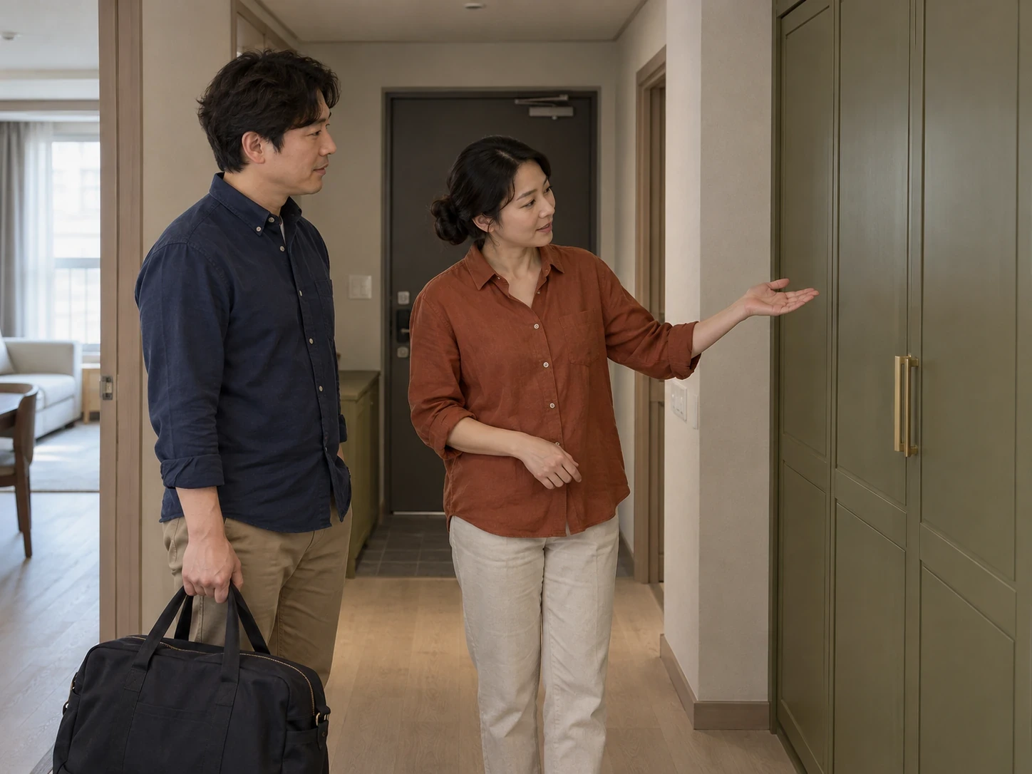가방을 든 방문객에게 닫힌 수납장을 손으로 가리켜 보여 주는 성인