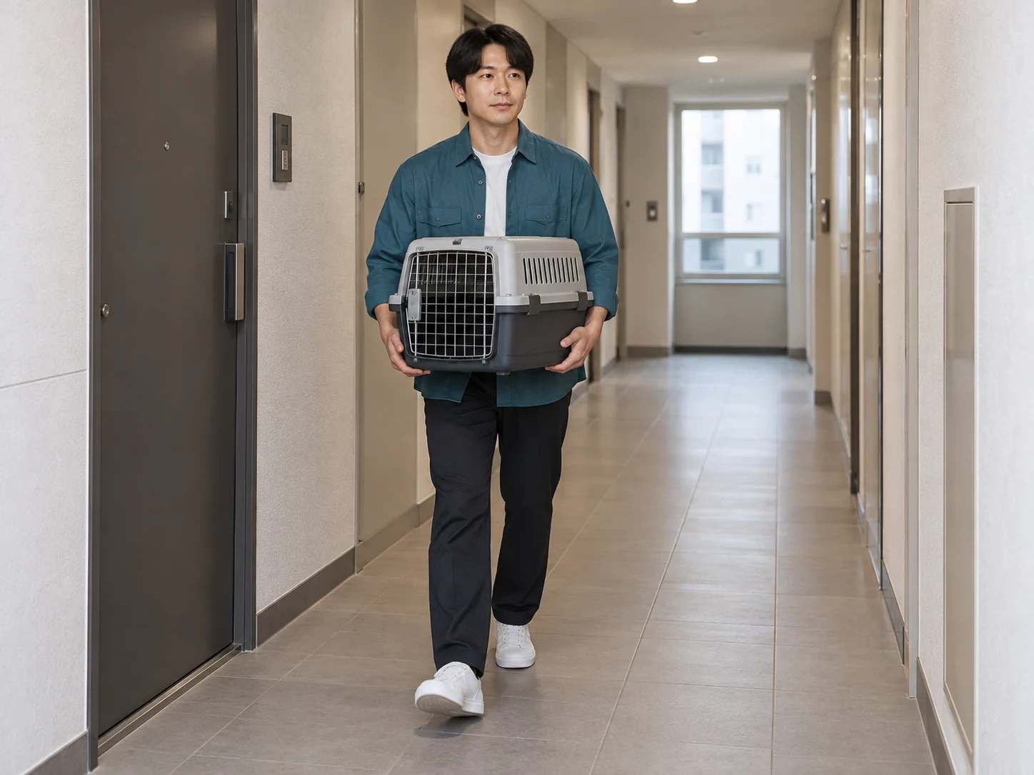 닫힌 회색 이동장의 밑면을 두 손으로 받쳐 들고 복도를 걷는 성인