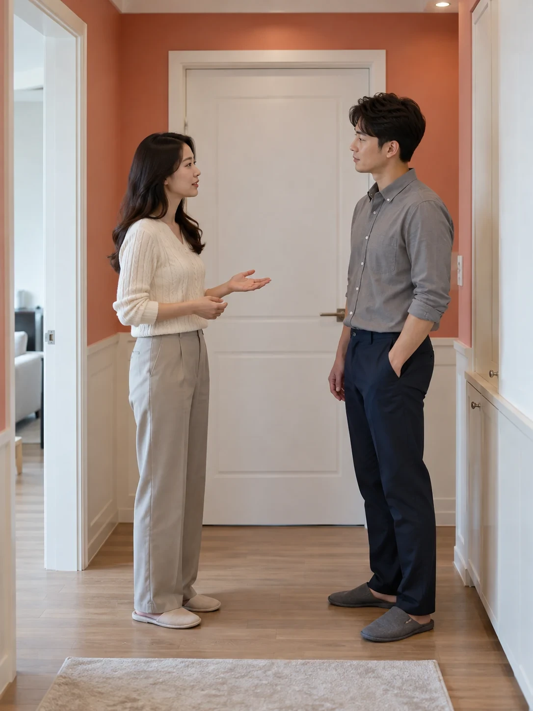 닫힌 방문 앞에서 서로 마주 보고 이야기하는 두 성인