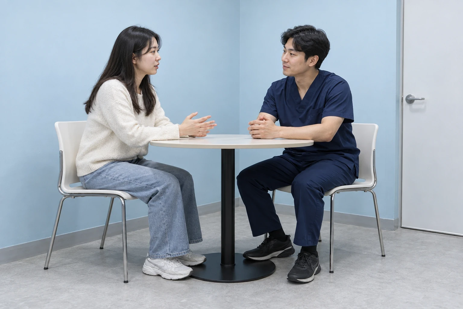 익명 상담실에서 마주 앉아 대화하는 두 성인
