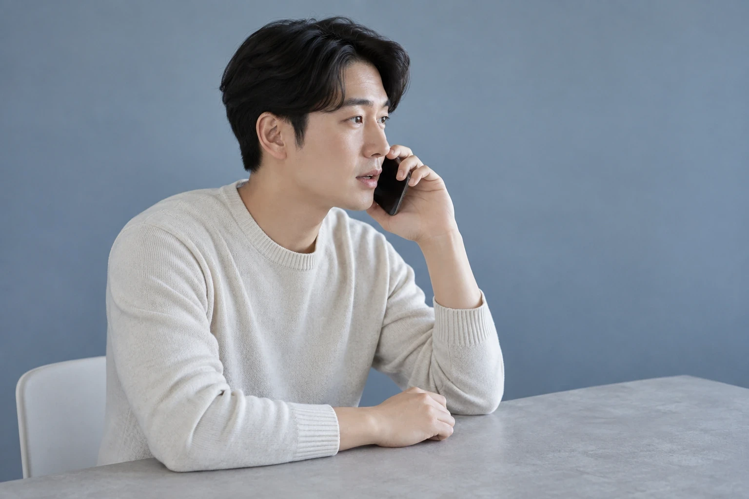 밝은 식탁에 앉아 휴대전화로 통화하는 성인