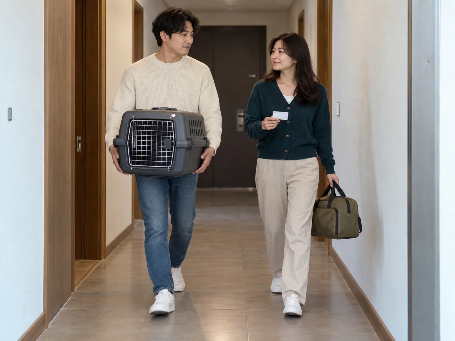 집 복도에서 이동장과 다른 짐을 나누어 든 두 성인