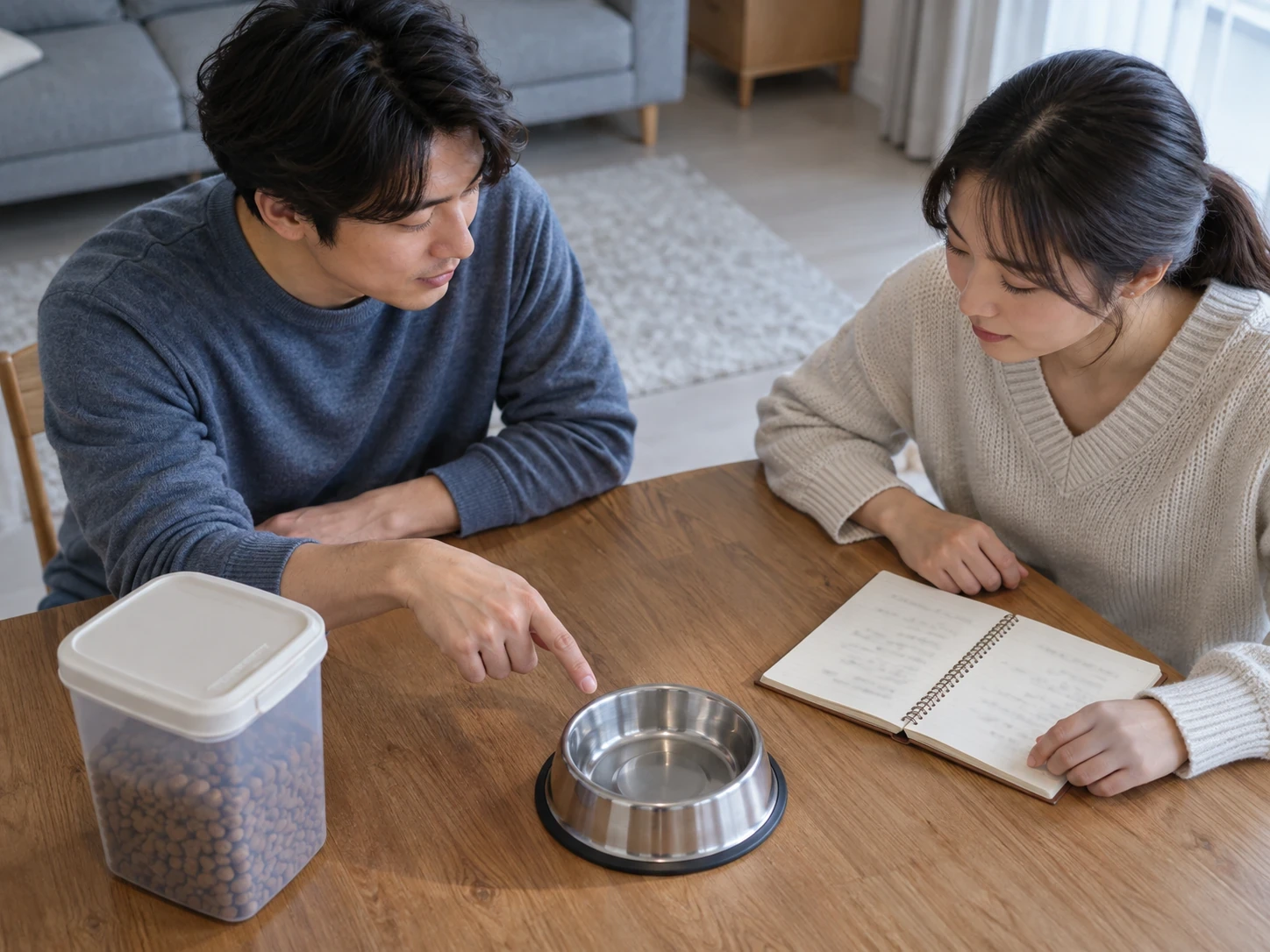 사료통과 그릇, 펼친 수첩을 두고 생활 돌봄을 상의하는 두 성인