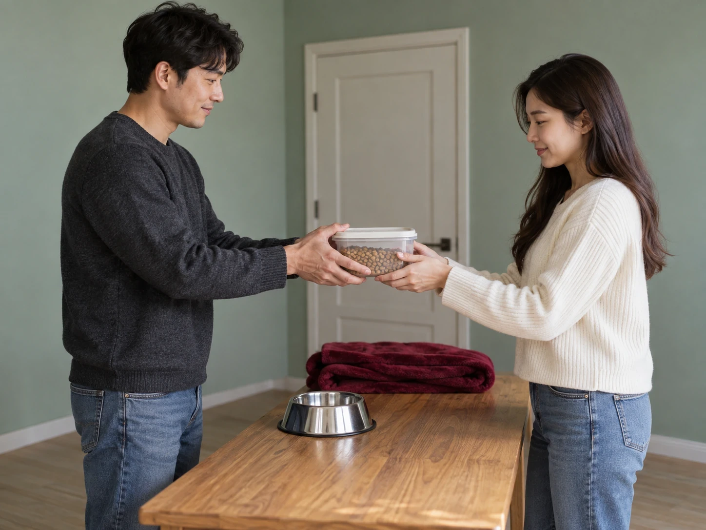 닫힌 방문 앞에서 사료통을 건네는 두 성인과 탁자 위 그릇과 담요