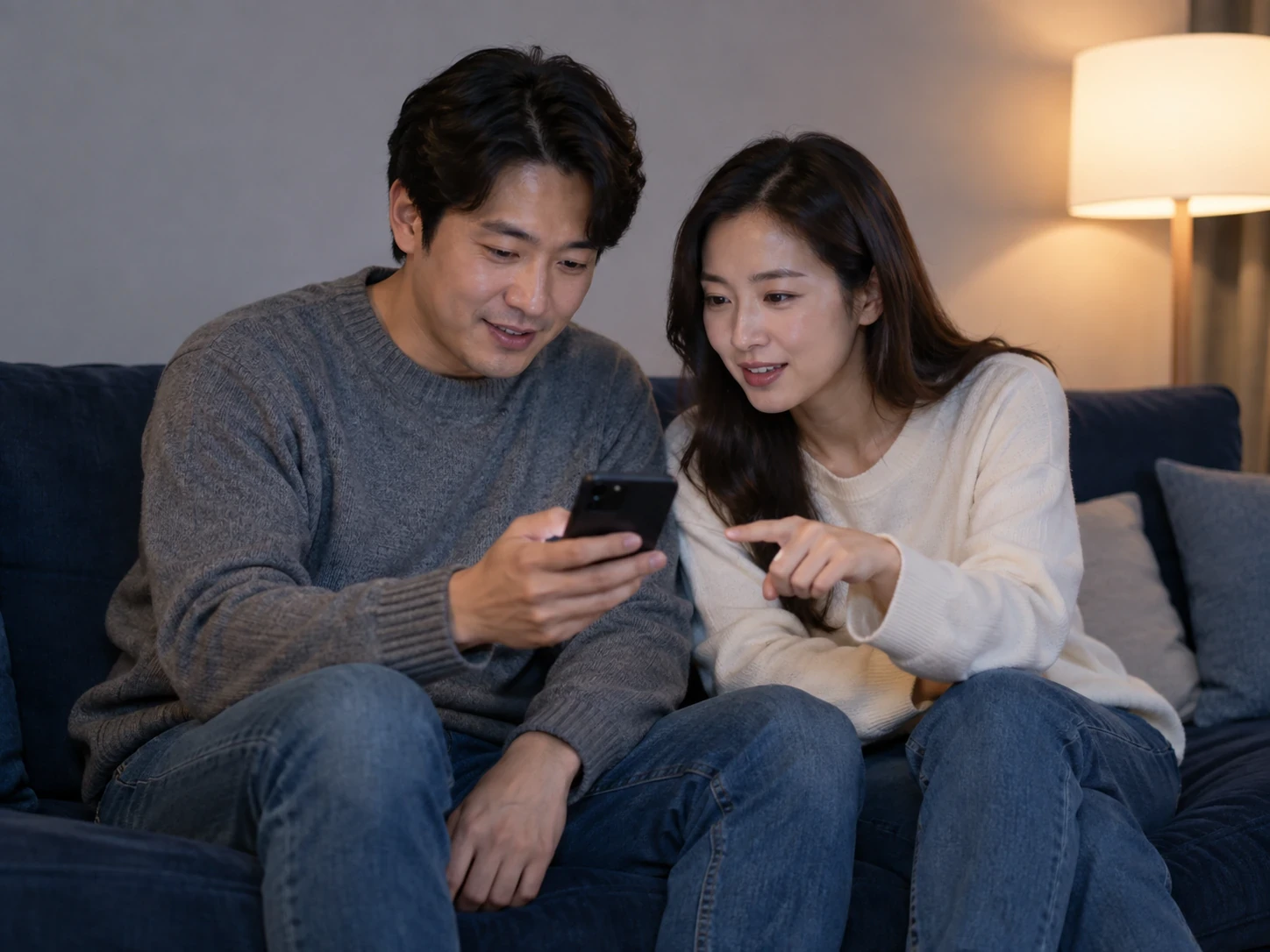 소파에 나란히 앉아 휴대전화를 함께 보는 두 성인