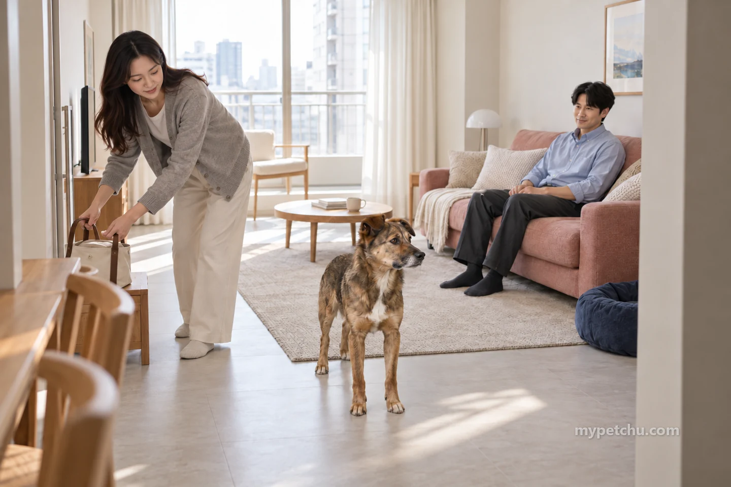 강아지가 바닥에 서 있고 한 보호자는 앉아 다른 보호자는 가방을 옮기는 모습