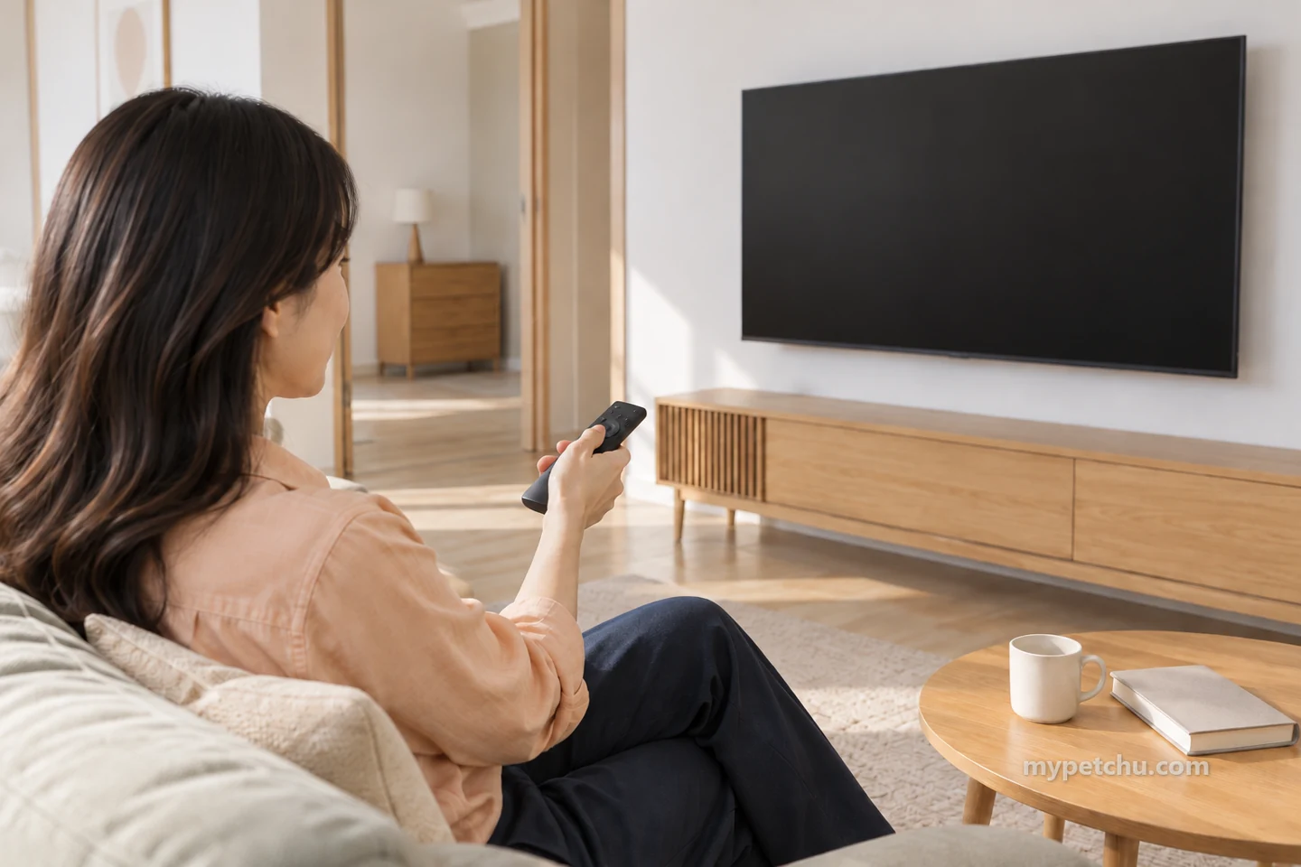 검은 TV 화면 앞에서 보호자가 리모컨을 들고 있는 모습