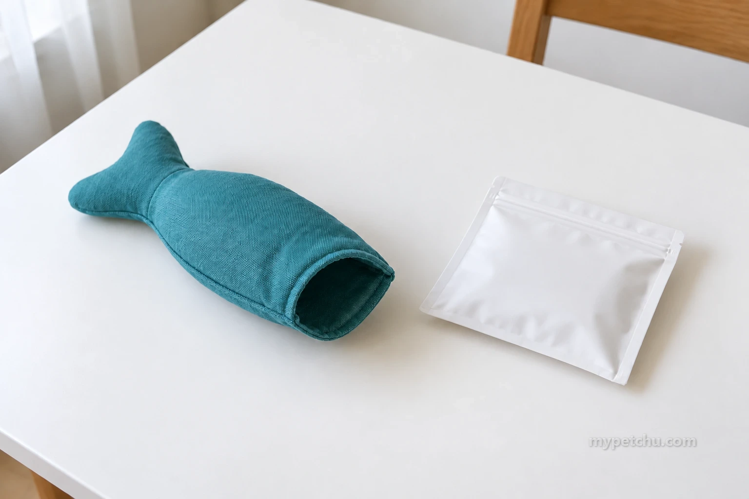 흰 작업대에 빈 입구가 열린 청록색 봉제 완구와 닫힌 흰 포장이 떨어져 놓여 있습니다.
