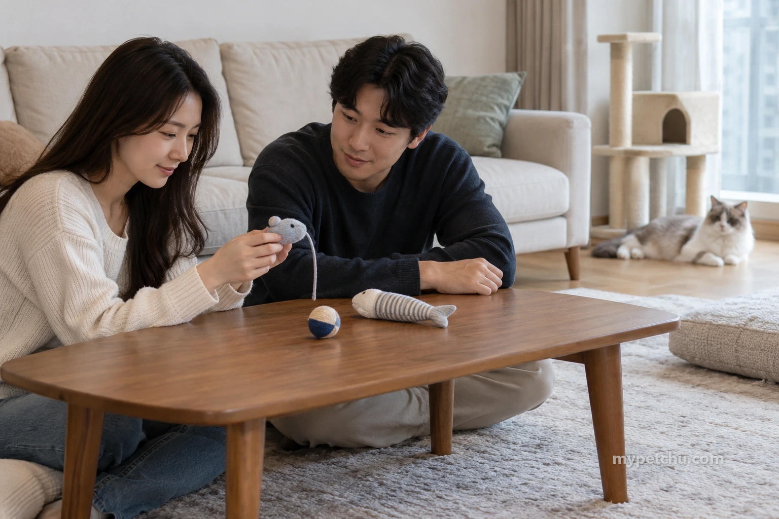 두 성인이 낮은 탁자 옆에서 실물 완구를 살피고, 고양이는 뒤쪽 바닥에서 쉬고 있습니다.