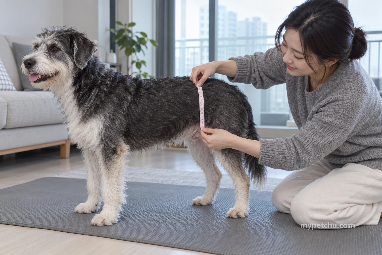 성인이 네 발로 선 회흑색 개의 뒷다리 앞 몸통 둘레에 줄자를 대고 있다.